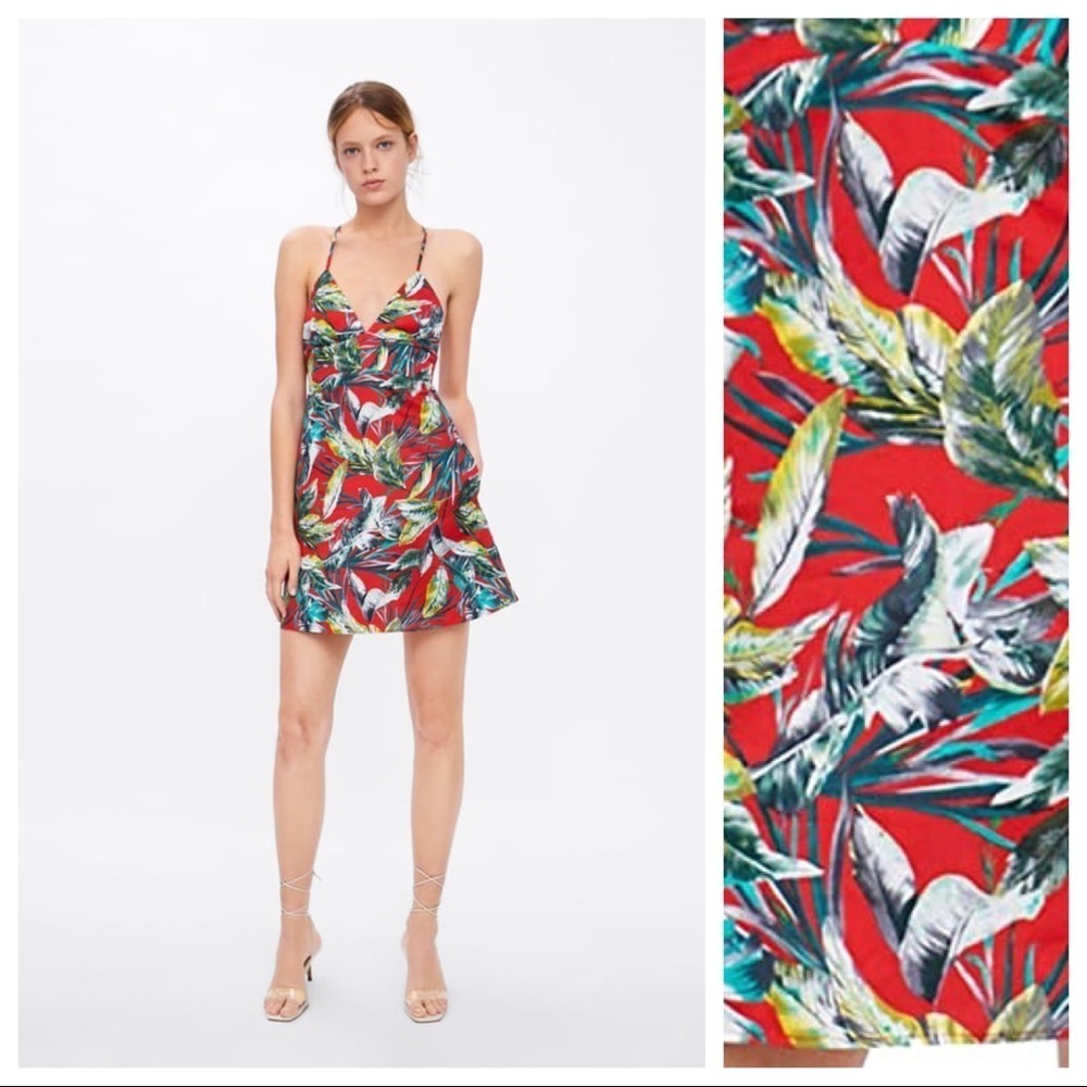 🌹NWOT. Zara Red Leaf Print Mini Dress. Size XS.